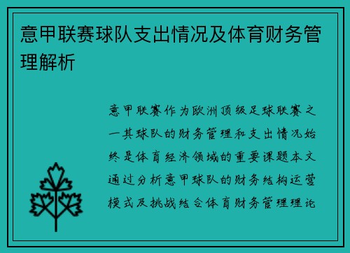 意甲联赛球队支出情况及体育财务管理解析